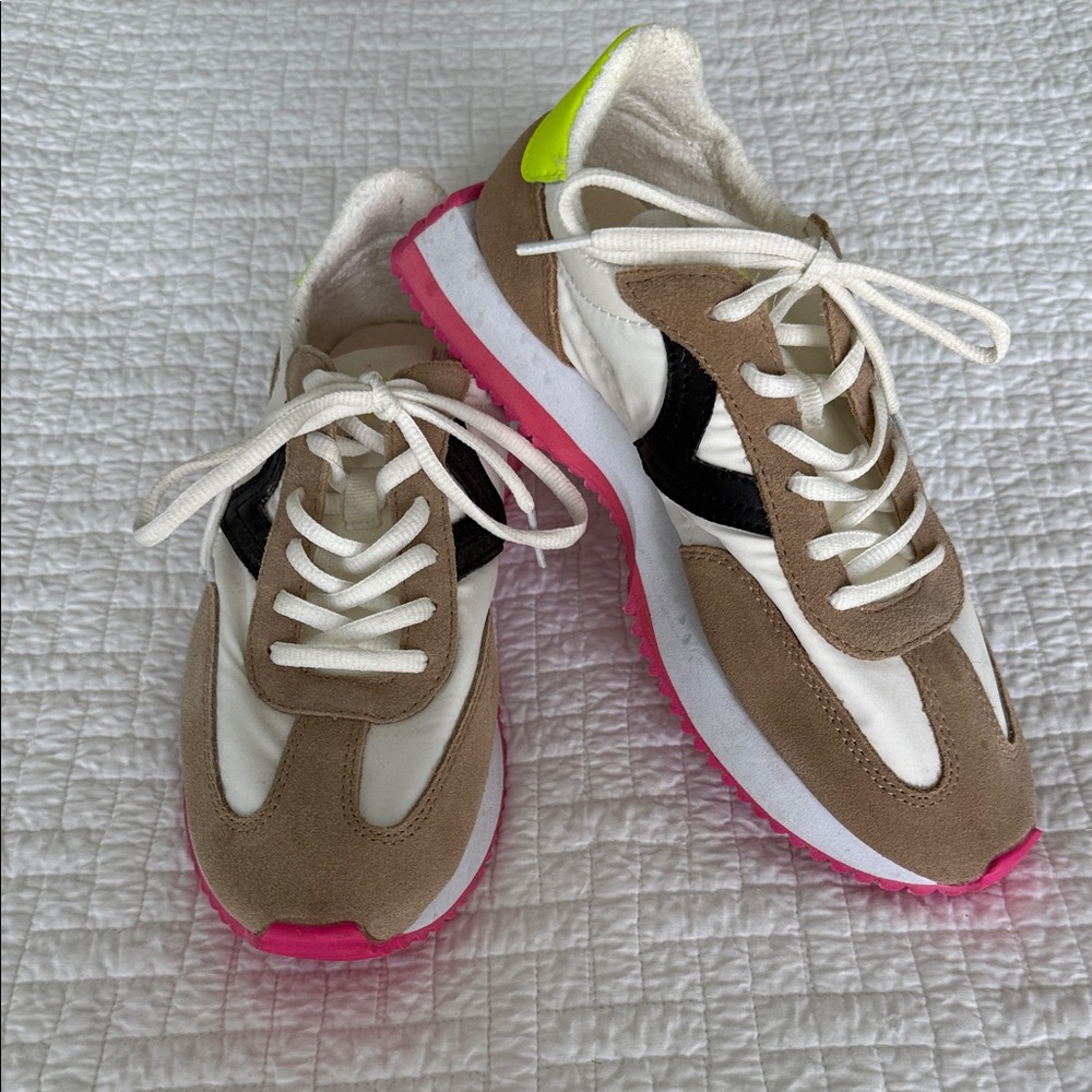 Women’s Neutral Suede & White Lace-Up Sneakers with Pink and Neon Yellow Accents